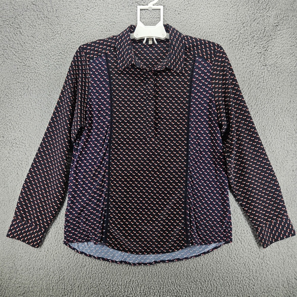 Ann Taylor Navy Pink Teardrop Print Ladder Lace Trim Blouse Top Women Size M